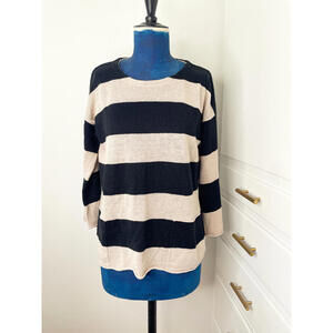 Eileen Fisher Black and Beige Striped Crew Neck Sweater